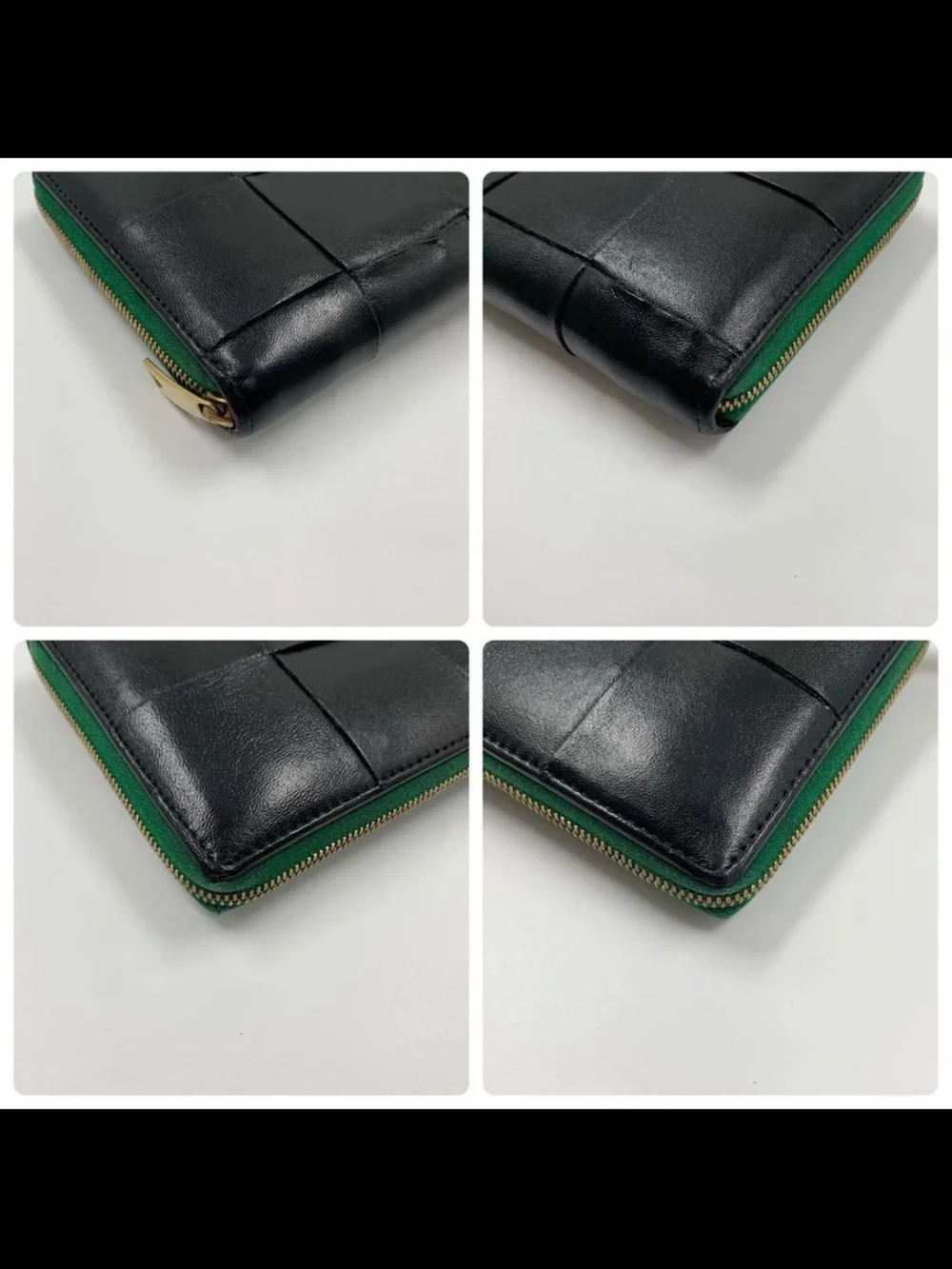 Bottega Veneta Black Intrecciato Leather Zip Around Wallet with Green Zip